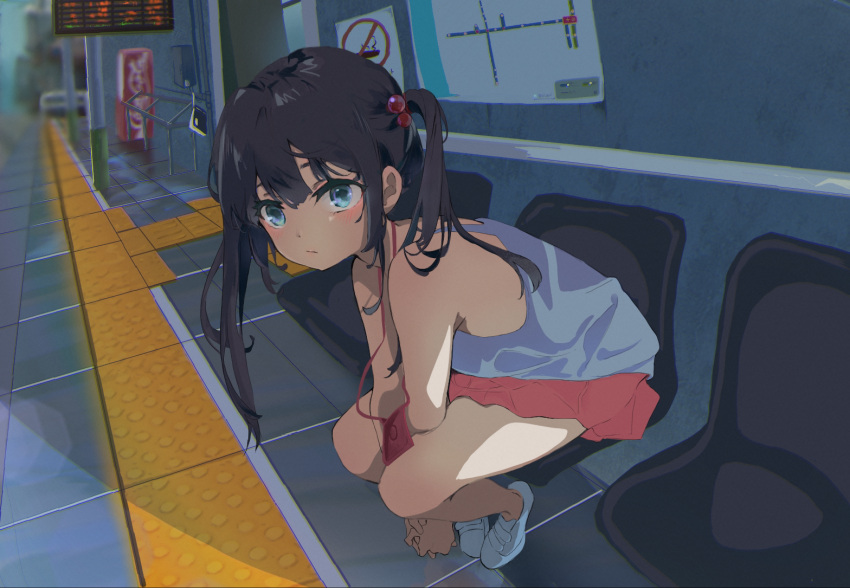 1girl arms_between_legs black_hair blue_eyes chair hair_bobbles hair_ornament leaning_forward long_hair looking_at_viewer original outdoors poka_(kai_ar) red_skirt shoes sitting skirt solo tank_top thighs train_station twintails white_footwear white_tank_top