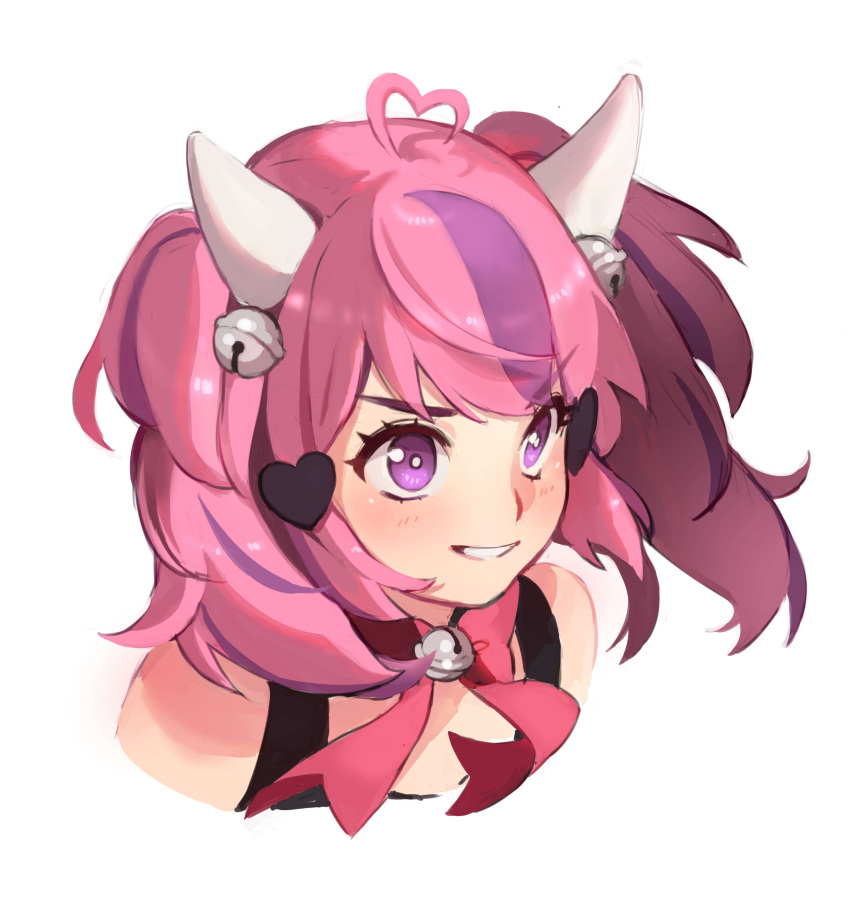 1girl absurdres ahoge bell blush bow hair_bell hair_ornament heart heart_hair highres horns ironmouse looking_ahead multicolored_hair parted_lips pink_bow pink_hair portrait purple_hair smile solo streaked_hair syertse symbol-only_commentary twintails v-shaped_eyebrows violet_eyes virtual_youtuber vshojo white_background