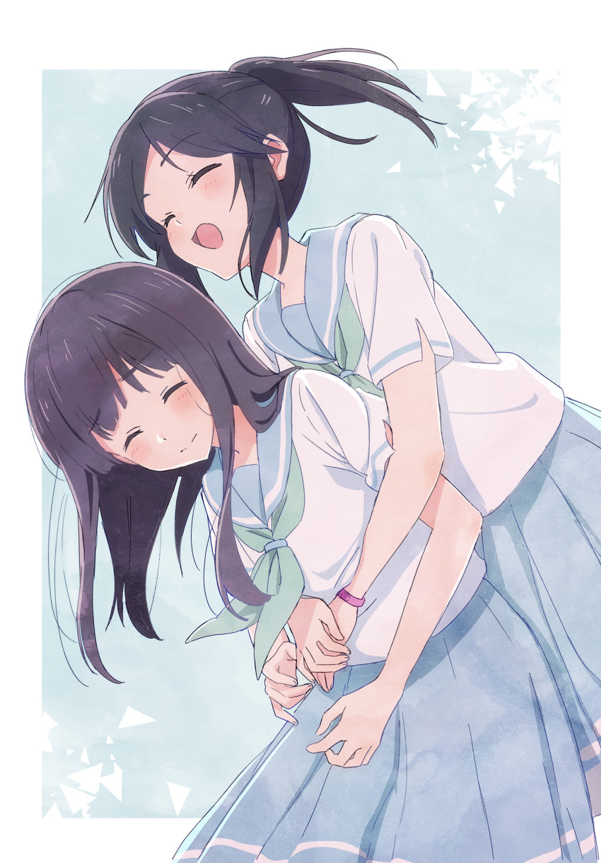 2girls :d bangs black_hair blue_hair blue_sailor_collar blue_skirt blush closed_eyes closed_mouth green_neckwear hands_together hibike!_euphonium highres hug hug_from_behind kasaki_nozomi kitauji_high_school_uniform liz_to_aoi_tori long_hair multiple_girls neckerchief open_mouth piroaki pleated_skirt ponytail sailor_collar school_uniform serafuku shirt short_sleeves skirt smile watch white_shirt yoroizuka_mizore