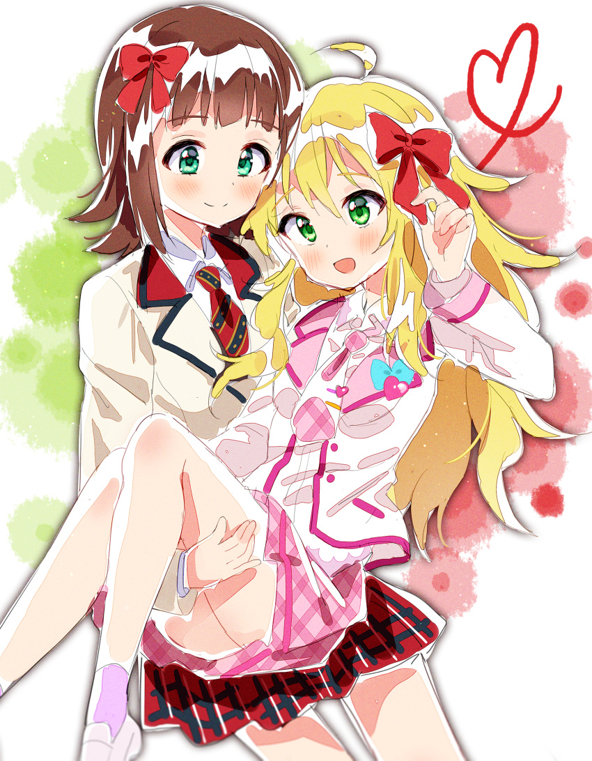 2girls :d ahoge amami_haruka bangs blazer blonde_hair blush bow brown_hair brown_jacket carrying chobi_(penguin_paradise) closed_mouth collared_shirt commentary_request diagonal-striped_neckwear diagonal_stripes eyebrows_visible_through_hair green_eyes hair_between_eyes hair_bow heart highres hoshii_miki idolmaster idolmaster_(classic) jacket long_hair long_sleeves multiple_girls necktie open_mouth pink_neckwear pink_skirt plaid plaid_neckwear plaid_skirt pleated_skirt princess_carry red_bow red_neckwear red_skirt school_uniform shirt skirt smile striped striped_neckwear very_long_hair white_jacket white_shirt