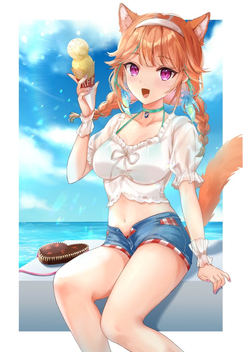 1girl :d absurdres animal_ear_fluff animal_ears blue_shorts braid breasts cat_ears choker clouds collarbone emile food frilled_shirt frills green_choker highres holding holding_food hololive hololive_english ice_cream kebaboishii kemonomimi_mode medium_breasts ocean open_clothes open_mouth open_shorts shirt shorts sitting sky smile solo takanashi_kiara twin_braids violet_eyes virtual_youtuber white_shirt