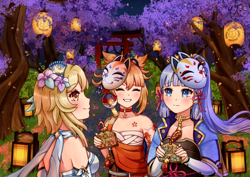 3girls :d absurdres armor armored_dress bangs blonde_hair blunt_bangs bow cherry_blossoms choker commentary detached_sleeves ema english_commentary eyebrows_visible_through_hair festival genshin_impact grey_eyes grin hair_between_eyes hair_bow hair_ornament hair_ribbon highres holding japanese_clothes kamisato_ayaka lampion light_brown_hair light_purple_hair long_hair looking_at_another lumine_(genshin_impact) mask mask_on_head multiple_girls night night_sky open_mouth ponytail ribbon sarashi scarf short_hair short_hair_with_long_locks sidelocks sky smile stairs tattoo tiny_owlbear torii tree tress_ribbon white_scarf wide_sleeves yellow_eyes yoimiya_(genshin_impact)