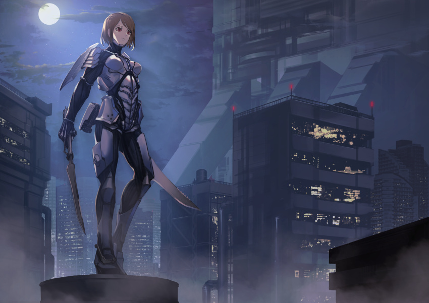 1girl absurdres bangs bodysuit breasts brown_hair building clouds cloudy_sky dual_wielding fixro2n full_moon grey_bodysuit highres holding holding_sword holding_weapon looking_away moon night night_sky official_art original outdoors parted_lips railing red_eyes sky small_breasts solo standing sword weapon