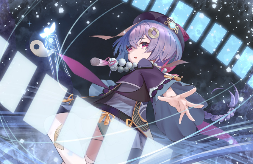 1girl aura bead_necklace beads coin_hair_ornament genshin_impact hair_between_eyes hat highres jewelry light_particles looking_at_viewer looking_back mikan_(xalka) necklace purple_hair qing_guanmao qiqi_(genshin_impact) snowing solo sparkle violet_eyes wide_sleeves