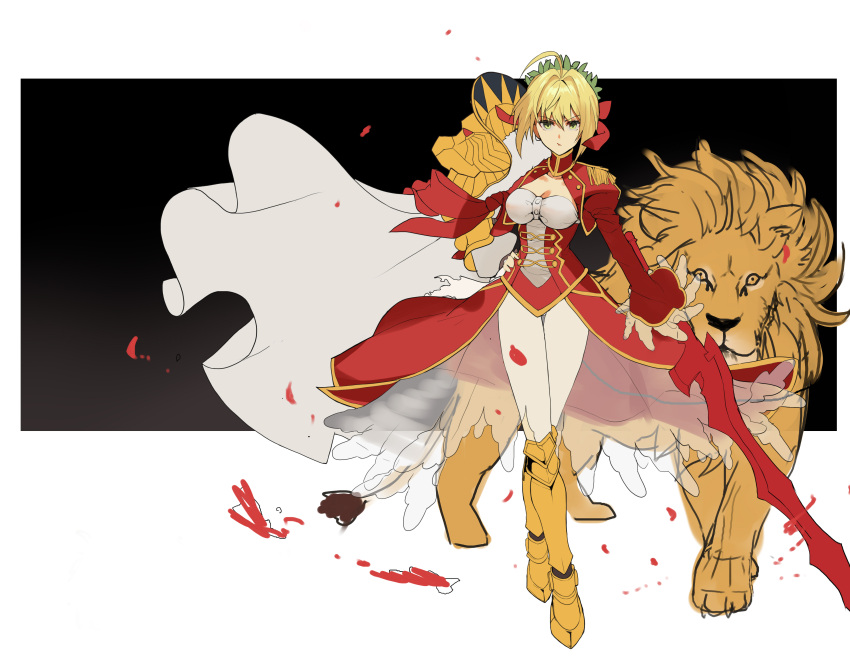 1girl absurdres aestus_estus ahoge armor armored_boots blonde_hair boots breasts epaulettes expressionless fate/extra fate/grand_order fate_(series) green_eyes hand_on_hip highres juliet_sleeves large_breasts lion long_sleeves mizu_(dl7613) nero_claudius_(fate) nero_claudius_(fate)_(all) petals puffy_sleeves red_ribbon ribbon short_hair sketch solo white_legwear yellow_eyes
