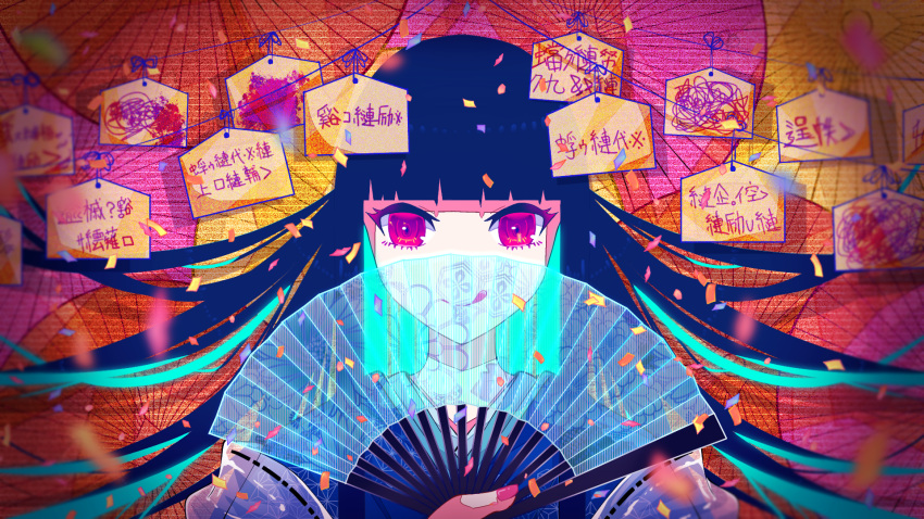1girl :q asa_no_ha_(pattern) bangs blue_hair blue_kimono blue_string blunt_bangs blurry blurry_foreground closed_mouth commentary_request confetti ema fingernails folding_fan hand_fan highres japanese_clothes kimono long_hair looking_at_viewer mojibake_text noise oil-paper_umbrella original pink_nails portrait smile solo splatter straight-on string tongue tongue_out translation_request tukineko222 umbrella unmoving_pattern violet_eyes