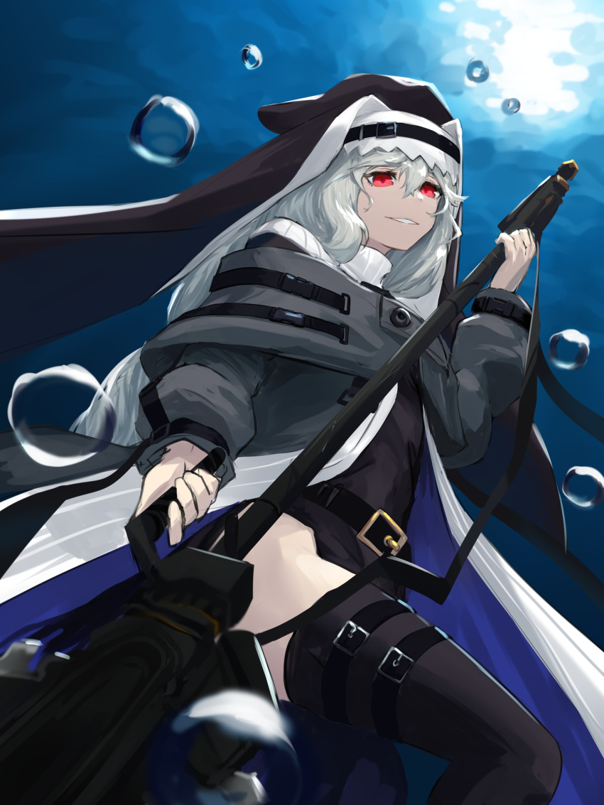 1girl air_bubble arknights bangs black_capelet black_coat black_dress black_footwear black_headwear boots bubble capelet circular_saw coat cowboy_shot dress garter_straps habit hair_between_eyes highres holding holding_weapon jewelry long_hair looking_at_viewer nun pelvic_curtain red_eyes silver_hair smile specter_(arknights) thigh-highs thigh_boots thighs underwater wagachop weapon zettai_ryouiki