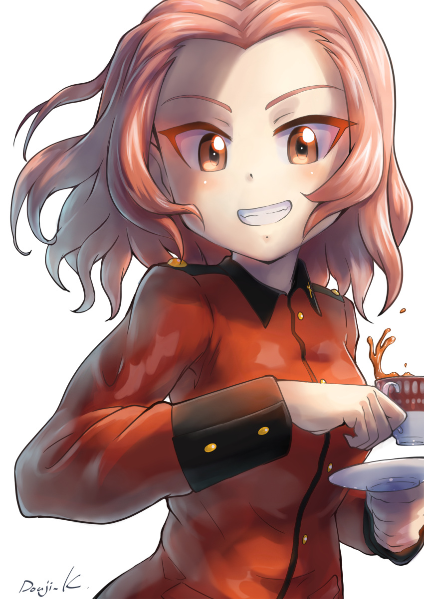 1girl artist_name brown_eyes commentary cup girls_und_panzer grin highres holding holding_cup holding_saucer jacket kuroneko_douji long_sleeves looking_at_viewer medium_hair military military_uniform red_jacket redhead rosehip_(girls_und_panzer) saucer signature simple_background smile solo spilling st._gloriana's_military_uniform tea teacup uniform upper_body white_background