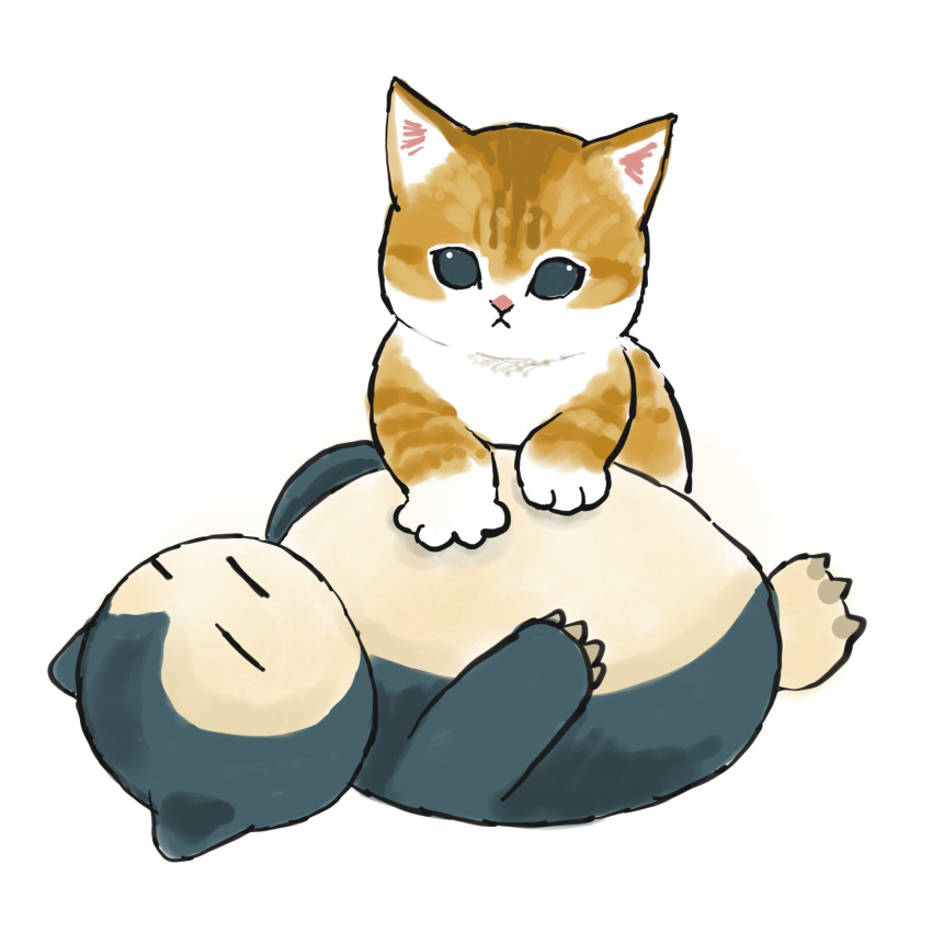 animal cat closed_eyes closed_mouth commentary_request full_body gen_1_pokemon highres juno_(mofu_sand) kneading looking_at_viewer lying no_humans on_back original pokemon simple_background snorlax white_background