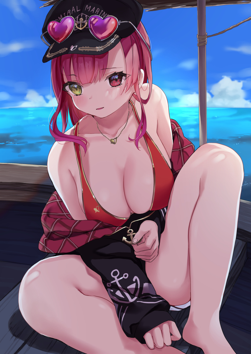 1girl absurdres bikini blush boat breasts clothes_down eyewear_on_head hat heart heart_necklace heterochromia highres hololive hood hoodie houshou_marine kashuu_(pixiv_66328082) redhead swimsuit virtual_youtuber water watercraft