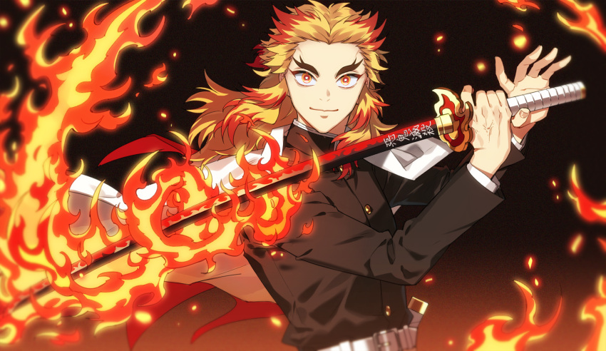 1boy belt black_jacket blonde_hair blurry buttons cape closed_mouth colored_tips commentary_request depth_of_field embers fire flame flaming_sword flaming_weapon forehead forked_eyebrows gakuran gradient gradient_background hands_up highres holding holding_sword holding_weapon jacket k_(gear_labo) katana kimetsu_no_yaiba long_hair long_sleeves looking_at_viewer male_focus multicolored_hair orange_eyes redhead rengoku_kyoujurou school_uniform simple_background smile solo sword thick_eyebrows two-tone_hair upper_body weapon white_belt white_cape