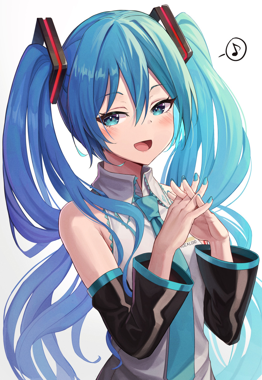 1girl :d bare_shoulders bib_(bibboss39) blue_eyes blue_hair blue_nails collared_shirt detached_sleeves hair_ornament hatsune_miku highres interlocked_fingers long_hair long_sleeves looking_at_viewer musical_note nail_polish necktie open_mouth own_hands_together shirt sleeveless sleeveless_shirt smile solo spoken_musical_note twintails upper_body very_long_hair vocaloid white_shirt