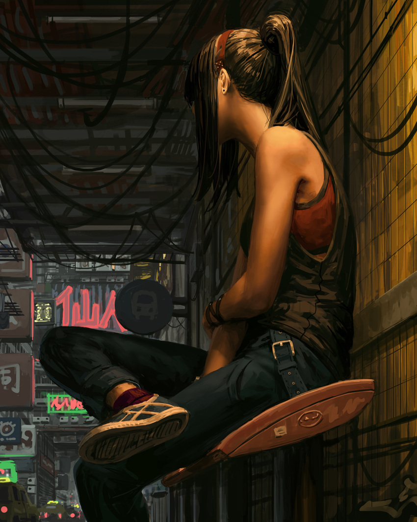 1girl bare_shoulders bench black_footwear black_hair black_pants black_shirt car commentary earrings facing_away feet_out_of_frame ground_vehicle guweiz highres jewelry motor_vehicle neon_lights original pants ponytail road_sign shirt shoe_soles shoes sidelocks sign sitting sleeveless sleeveless_shirt solo stud_earrings symbol-only_commentary