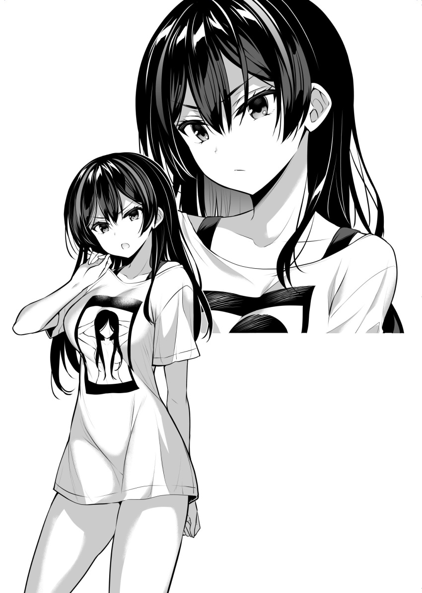 1girl breasts closed_mouth contrapposto greyscale highres long_hair looking_at_viewer medium_breasts monochrome multiple_views naked_shirt open_mouth original print_shirt projected_inset sanshoku_amido shirt short_sleeves simple_background standing white_background