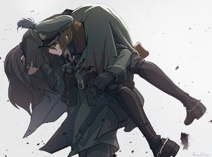 2girls assault_rifle asterisk_kome boots brown_hair carrying feathers fireman's_carry gloves gun hat jacket long_hair military military_uniform multiple_girls original peaked ponytail rifle shirt soldier standing stg44 uniform weapon winged_fusiliers