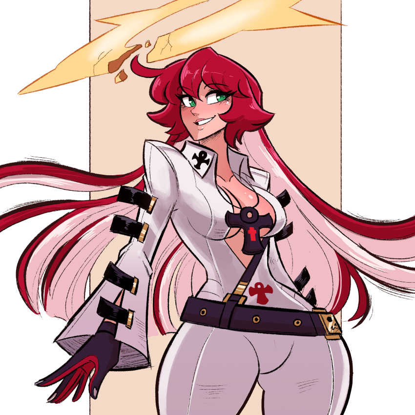 1girl absurdres ankh ankh_necklace belt black_gloves bodysuit breasts broken_halo collarbone eyebrows_visible_through_hair gloves green_eyes guilty_gear guilty_gear_strive halo highres jack-o'_valentine long_hair multicolored_hair redhead scruffyturtles solo white_hair