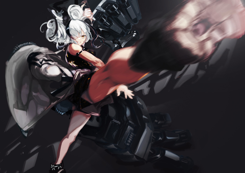 1girl absurdres arknights black_background black_footwear boots breasts clenched_hand clothes_around_waist disembodied_limb dora_waku2 feater_(arknights) floating_hair hair_over_one_eye highres jacket jacket_around_waist kicking mechanical_hands medium_breasts motion_blur open_hand silver_hair solo yellow_eyes