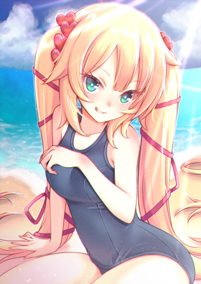 1girl akai_haato alternate_hairstyle aqua_eyes bare_arms bare_legs bare_shoulders beach blonde_hair blue_swimsuit breasts eyelashes grin hair_ornament hair_ribbon heart heart_hair_ornament highres hiva+ hololive large_breasts long_hair looking_at_viewer ocean old_school_swimsuit one-piece_swimsuit red_ribbon ribbon school_swimsuit sitting skin_tight smile solo sunlight swimsuit tied_hair twintails very_long_hair virtual_youtuber yokozuwari
