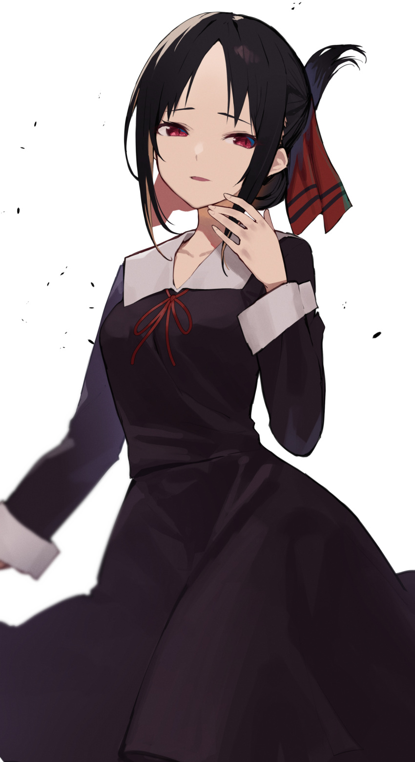 1girl amagasa_yun black_dress black_hair breasts commentary_request dress folded_ponytail hair_ribbon hand_up highres kaguya-sama_wa_kokurasetai_~tensai-tachi_no_renai_zunousen~ long_sleeves looking_at_viewer neck_ribbon parted_lips red_eyes red_ribbon ribbon shinomiya_kaguya shuuchiin_academy_uniform simple_background solo white_background winter_uniform