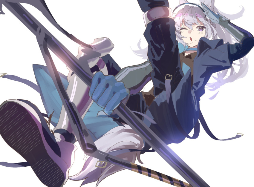 1girl ;o animal_ears arknights armband bangs blue_coat blue_pants brown_shirt chi_cha_rigbo coat commentary_request foot_out_of_frame gauntlets gloves grani_(arknights) greaves grey_eyes grey_footwear grey_gloves grey_hair grey_headwear highres hip_vent holding holding_polearm holding_spear holding_weapon horse_ears horse_girl horse_tail long_hair looking_at_viewer one_eye_closed open_clothes open_coat pants polearm ponytail salute shirt shoe_soles shoes shoulder_guard silver_hair sketch smile solo spear tail visor_cap weapon white_background