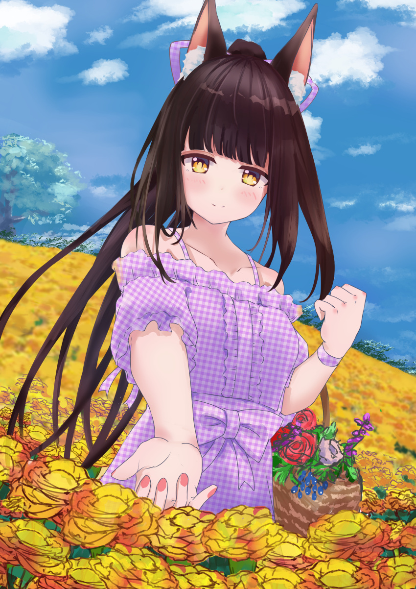 1girl absurdres alternate_costume alternate_hairstyle animal_ears azur_lane bangs black_hair blue_sky blunt_bangs blurry blush casual clouds cloudy_sky collarbone commentary_request contemporary depth_of_field dress eyebrows_visible_through_hair field flower flower_basket flower_field fox_ears highres long_hair looking_at_viewer nagato_(azur_lane) plaid plaid_dress ponytail purple_dress reaching_out rose sidelocks sky smile solo spaghetti_strap yellow_eyes yuzu_minari