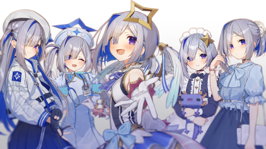 1girl amane_kanata animal axolotl axolotl_(minecraft) bangs blue_bow blue_hair blush bow flat_chest gloves hair_over_one_eye highres holding holding_animal hololive hololive_idol_uniform idol_clothes long_hair maid minecraft multicolored_hair multiple_views nurse one_eye_covered oshiruko_(oshiruco_212048) ponytail silver_hair smile stethoscope streaked_hair twintails two_side_up violet_eyes virtual_youtuber white_gloves