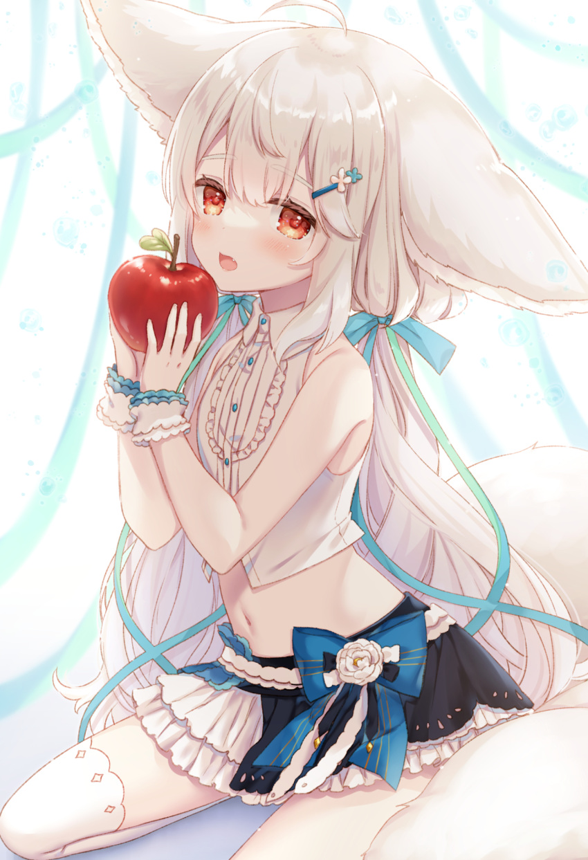 1girl ahoge animal_ear_fluff animal_ears bangs bare_shoulders commentary commission ears_down flower fox_ears fox_girl fox_tail highres itsuki_jun long_hair looking_at_viewer open_mouth original red_eyes sakurada_shiro sitting skeb_commission solo tail tied_hair very_long_hair white_hair