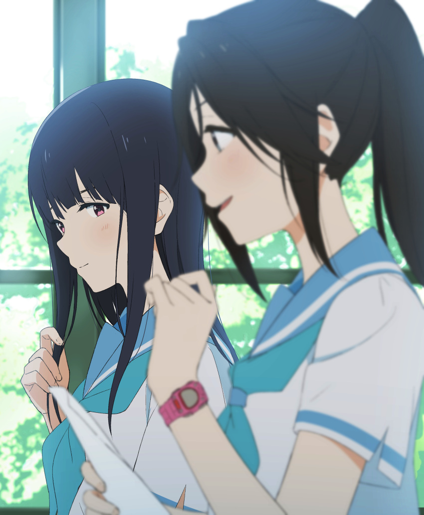 2girls absurdres adjusting_hair bangs black_hair blue_eyes blue_hair blue_neckwear blue_sailor_collar blurry blurry_foreground blush closed_mouth hachinatsu hand_up hibike!_euphonium highres holding holding_paper indoors kasaki_nozomi kitauji_high_school_uniform liz_to_aoi_tori long_hair looking_at_another multiple_girls neckerchief open_mouth paper ponytail red_eyes sailor_collar school_uniform serafuku shirt short_sleeves smile tree watch white_shirt window yoroizuka_mizore