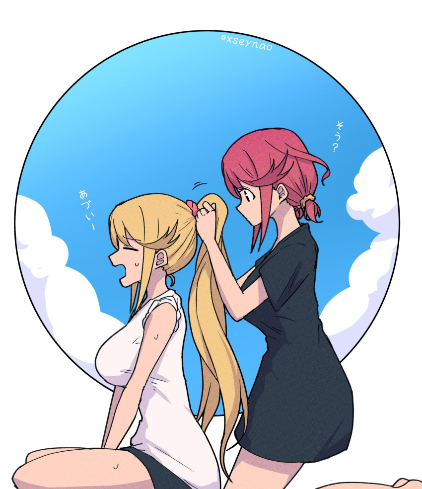 2girls alternate_costume blonde_hair breasts highres large_breasts mochimochi_(xseynao) multiple_girls mythra_(xenoblade) ponytail pyra_(xenoblade) red_eyes redhead shirt t-shirt xenoblade_chronicles_(series) xenoblade_chronicles_2