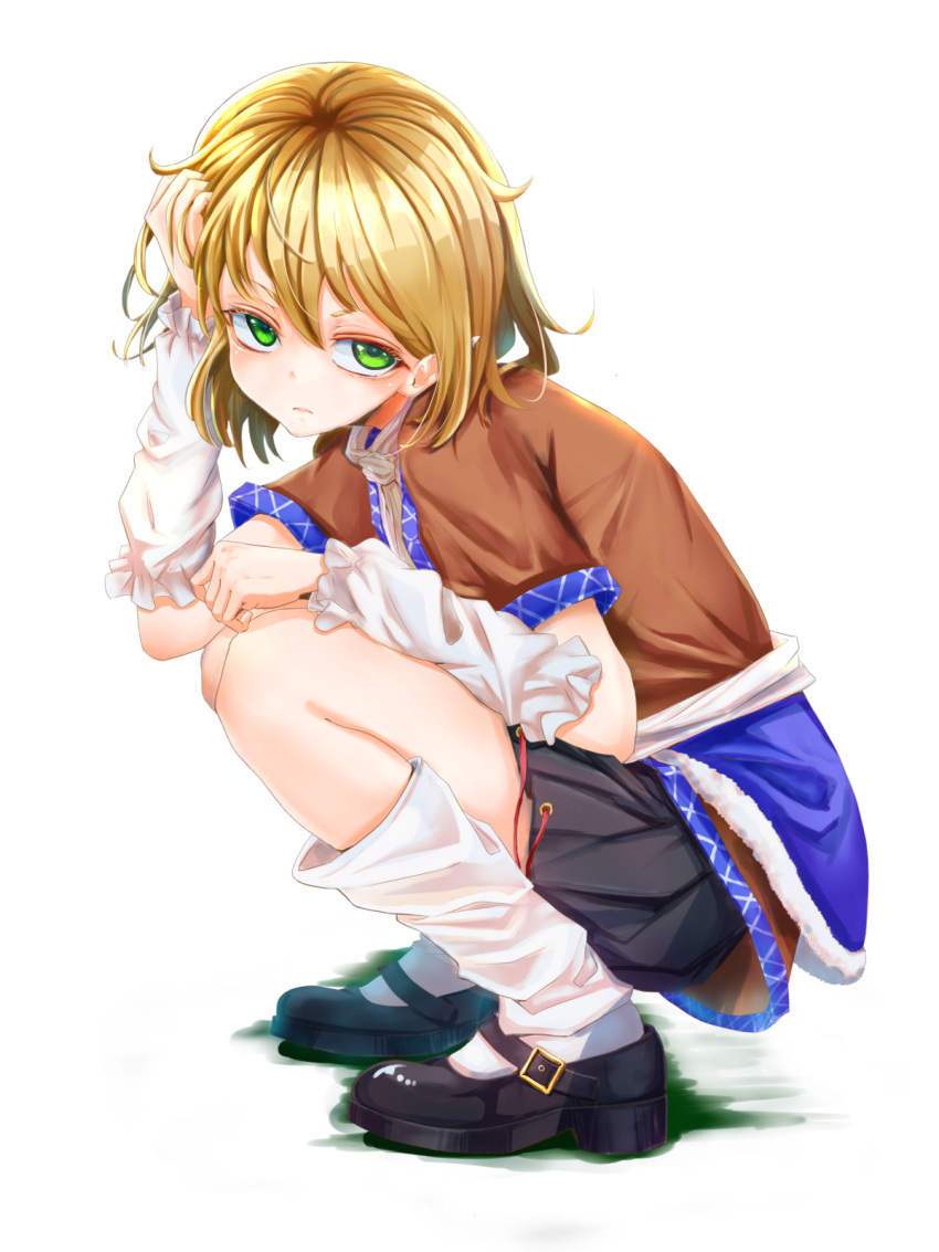 1girl arm_warmers bangs black_footwear black_skirt blonde_hair brown_shirt closed_mouth commentary full_body green_eyes hand_in_hair highres looking_at_viewer mary_janes mizuhashi_parsee pointy_ears shirt shoes short_hair short_sleeves simple_background skirt socks solo squatting touhou white_background white_legwear zuazu