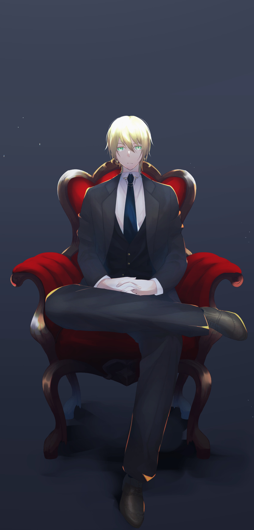 1boy absurdres blonde_hair chair fate/grand_order fate_(series) green_eyes highres jason_(fate) looking_at_viewer necktie shin'ya_(yukiura) sitting
