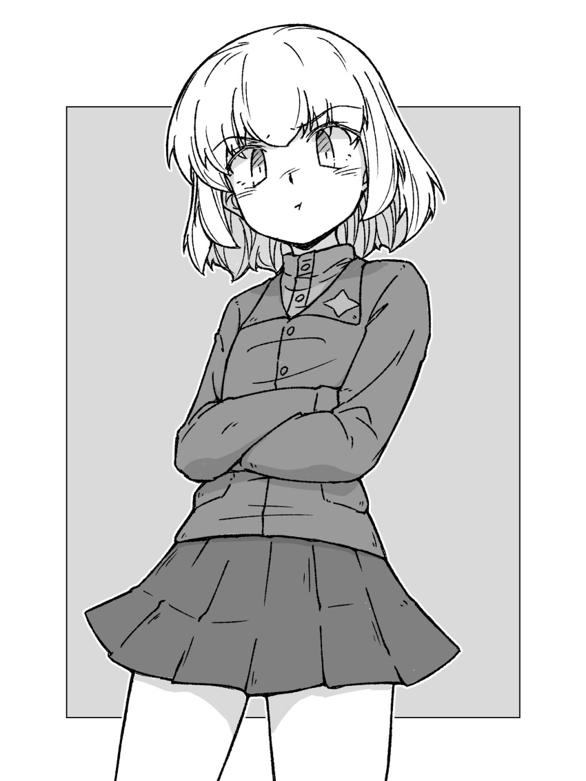1girl :t absurdres angry bangs bob_cut closed_mouth commentary_request cowboy_shot crossed_arms eyebrows_visible_through_hair frown girls_und_panzer greyscale hairband highres insignia jacket katyusha_(girls_und_panzer) long_sleeves looking_at_viewer miniskirt monochrome outside_border partial_commentary pleated_skirt pout pravda_school_uniform renshiu school_uniform shirt short_hair skirt solo standing turtleneck