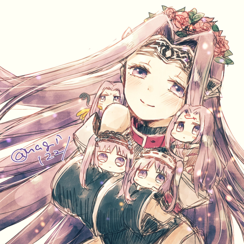 amato_nagi black_leotard chibi collar euryale_(fate) fate/grand_order fate/hollow_ataraxia fate/stay_night fate_(series) flower_wreath gorgon_(fate) hairband highres leotard lolita_hairband long_hair medusa_(fate) medusa_(lancer)_(fate) medusa_(rider)_(fate) multiple_persona purple_hair siblings sisters smile stheno_(fate) twins twintails twitter_username very_long_hair violet_eyes
