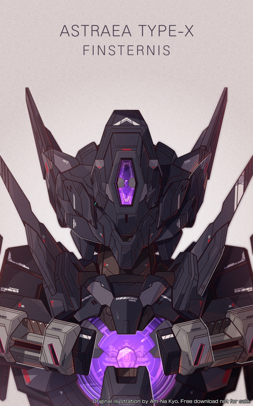 absurdres azzalea beige_background character_name english_commentary gundam gundam_00 gundam_astraea_type-x_finsternis highres mecha mobile_suit no_humans one-eyed portrait science_fiction solo v-fin violet_eyes