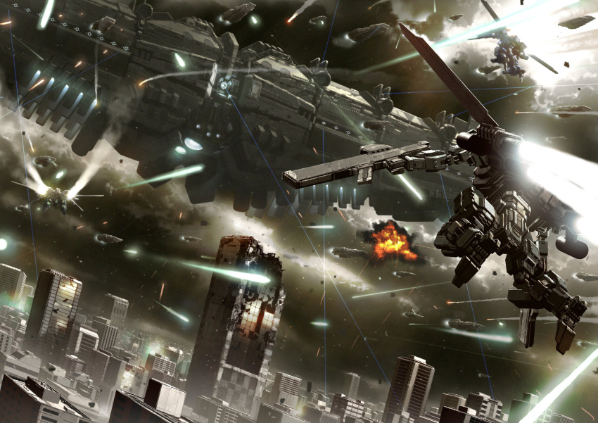 clouds explosion flying gun highres holding holding_gun holding_weapon mecha mechanical_wings missile no_humans original rapama science_fiction space_craft thrusters weapon wings