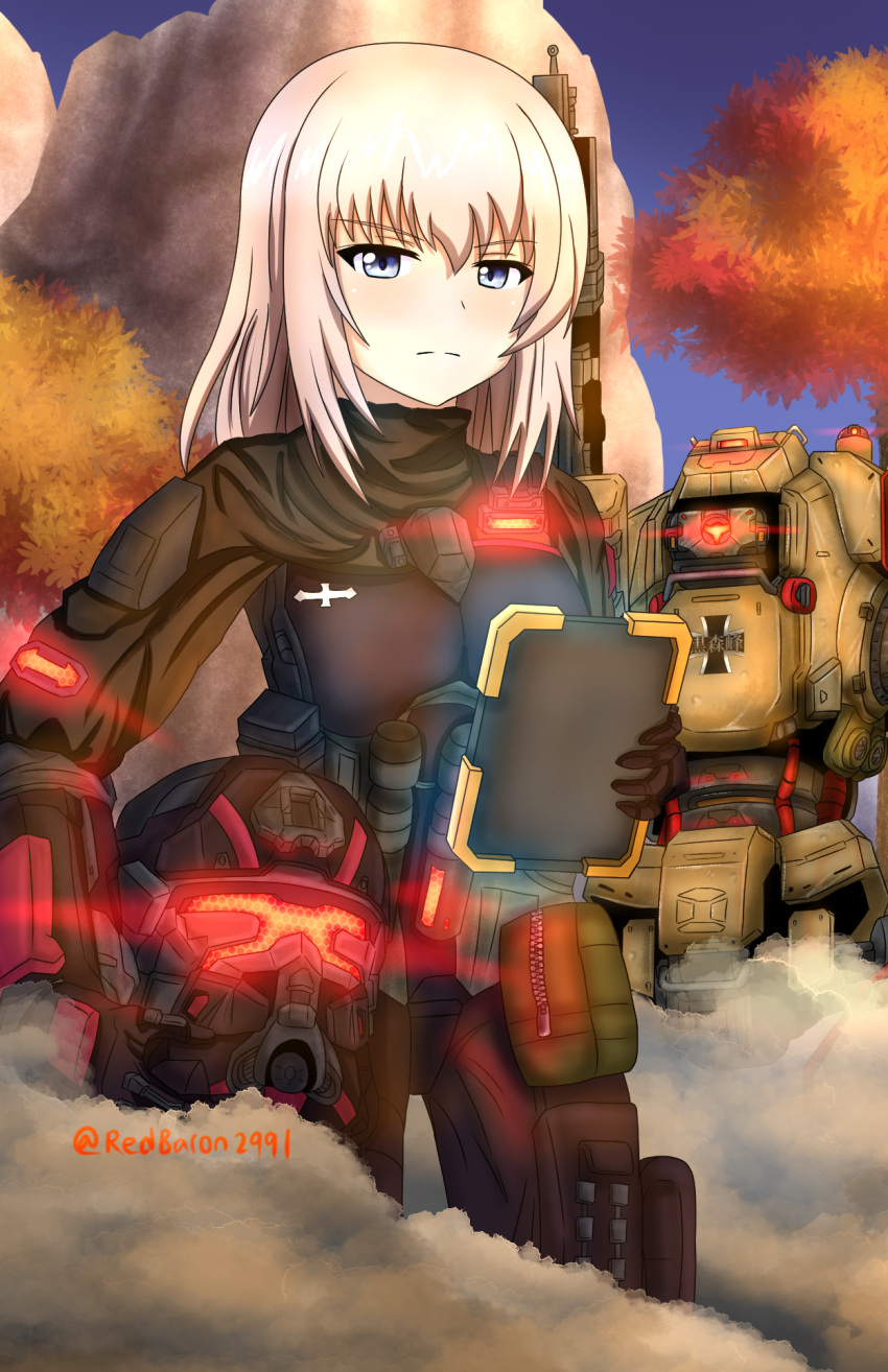 1girl autumn_leaves bangs black_gloves black_headwear black_pants black_shirt blue_eyes blue_sky body_armor clear_sky closed_mouth commentary day emblem eyebrows_visible_through_hair frown girls_und_panzer gloves headwear_removed helmet helmet_removed highres holding holding_helmet holding_notebook insignia itsumi_erika kuromorimine_(emblem) long_hair looking_at_viewer mecha medium_hair notebook outdoors pants parody pouch redbaron shirt silver_hair sky solo standing steam titanfall_(series) tree twitter_username