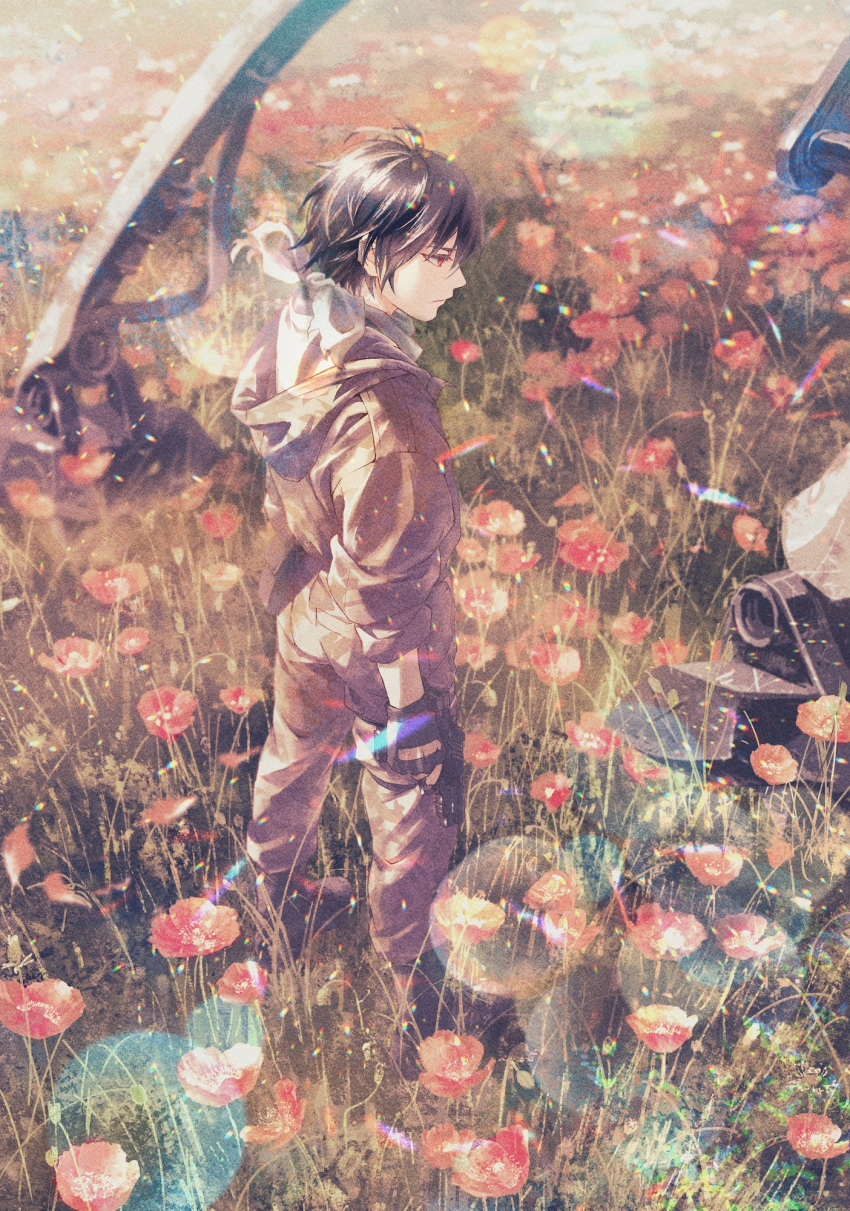 1boy 86_-eightysix- black_footwear black_gloves black_hair blurry blurry_background brown_jacket brown_pants camouflage depth_of_field ear_clip expressionless fingerless_gloves flower gloves gun highres holding holding_gun holding_weapon jacket light_particles long_sleeves looking_down looking_to_the_side mecha military military_uniform outdoors pants red_eyes red_flower scar_on_neck scarf setani_o shinei_nouzen short_hair sleeves_rolled_up solo standing uniform weapon
