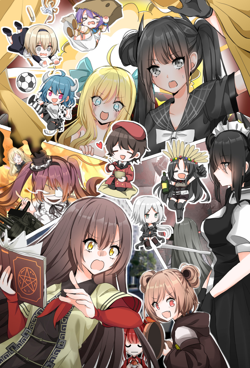 1boy 6+girls @_@ absurdres agent_(girls_frontline) ahoge bag_on_head ball beret black_hair blonde_hair blue_eyes book bottle brown_hair character_request chibi commander_(girls_frontline) crossover cz75_(girls_frontline) eating evil_smile executioner_(girls_frontline) food girls_frontline grey_eyes gun hanazono_yurine hat heart highres horns hunter_(girls_frontline) jashin-chan jashin-chan_dropkick long_hair machine_gun maid_headdress medusa_(jashin-chan_dropkick) mini_hat minos_(jashin-chan_dropkick) multiple_girls nz75_(girls_frontline) open_mouth ouroboros_(girls_frontline) p90_(girls_frontline) pekora_(jashin-chan_dropkick) pink_eyes red_eyes shadow71580825 smile soccer_ball weapon yellow_eyes