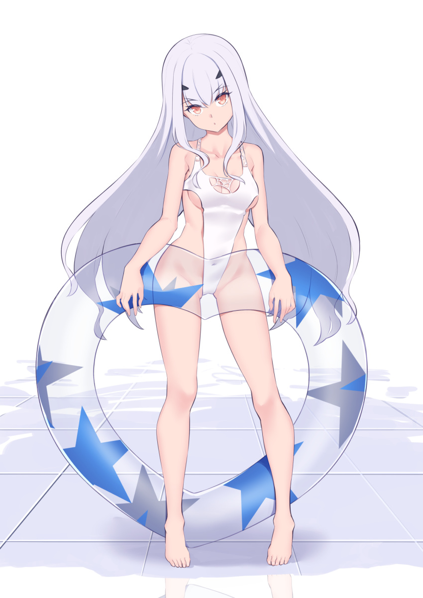 1girl bangs bare_shoulders barefoot breasts casual_one-piece_swimsuit cleavage_cutout clothing_cutout covered_navel eyebrows_visible_through_hair fairy_knight_lancelot_(fate) fate/grand_order fate_(series) full_body hair_ornament highleg highleg_swimsuit highres holding holding_innertube innertube jilu long_hair looking_at_viewer medium_breasts one-piece_swimsuit open_clothes reflection silver_hair swimsuit tiles white_swimsuit yellow_eyes