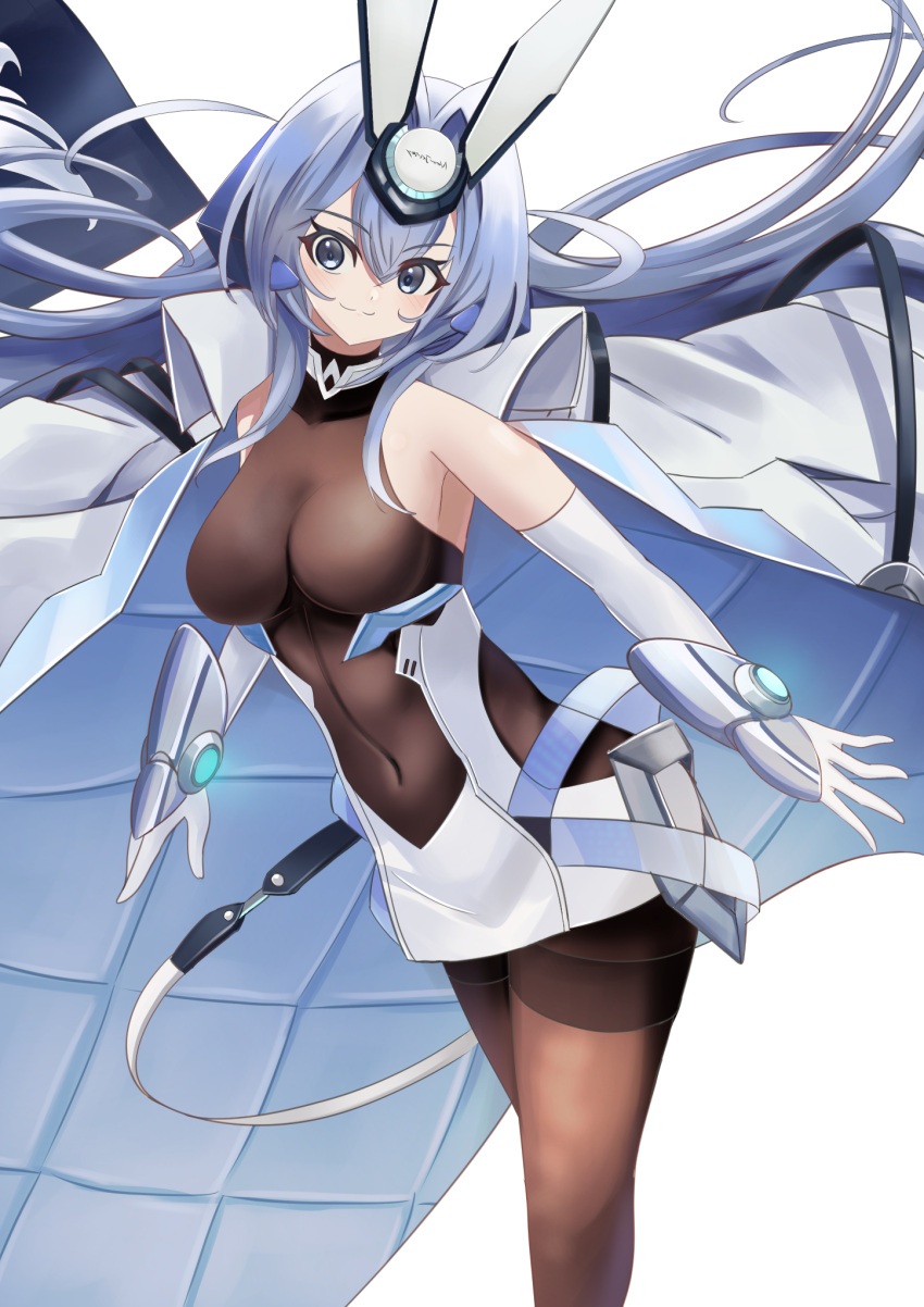 1girl :3 armpit_crease azur_lane bangs bare_shoulders blue_eyes blue_hair bodystocking breasts center_opening closed_mouth coat coat_on_shoulders commentary covered_collarbone covered_navel cowboy_shot dress elbow_gloves eyebrows_visible_through_hair gloves hair_between_eyes hair_intakes headgear highres large_breasts long_hair looking_at_viewer manjirou_(manji_illust) new_jersey_(azur_lane) pantyhose revision sidelocks simple_background sleeveless smile solo standing thighband_pantyhose vambraces white_background white_coat white_dress white_gloves