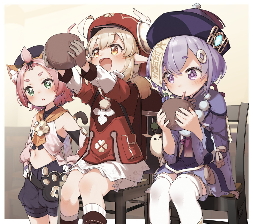 3girls ahoge animal_ear_fluff animal_ears backpack bag bangs bare_shoulders bendy_straw black_shorts bloomers blue_shorts blush boots brown_eyes brown_footwear brown_gloves cabbie_hat cat_ears cat_girl cat_tail commentary_request diona_(genshin_impact) dress drinking_straw feathers feet_out_of_frame forehead fruit_cup genshin_impact gloves green_eyes hair_ornament hat hat_feather highres holding klee_(genshin_impact) light_brown_hair long_sleeves low_twintails multiple_girls navel ofuda on_chair pink_hair pointy_ears puffy_shorts purple_dress purple_hair purple_headwear qing_guanmao qiqi_(genshin_impact) red_dress red_headwear shirt short_eyebrows short_shorts shorts sitting socks tail thick_eyebrows thigh-highs twintails underwear v-shaped_eyebrows violet_eyes white_bloomers white_feathers white_legwear white_shirt wide_sleeves yukie_(kusaka_shi)