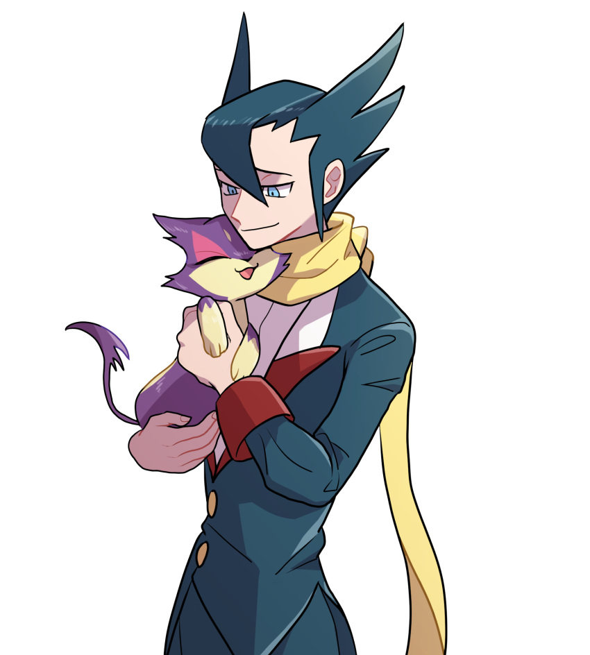 1boy bangs black_hair blue_eyes buttons closed_mouth commentary_request elite_four gen_5_pokemon grimsley_(pokemon) hair_between_eyes highres holding holding_pokemon jacket long_sleeves looking_down male_focus pants pokemon pokemon_(creature) pokemon_(game) pokemon_bw purrloin raised_eyebrows scarf shirt short_hair simple_background smile spiky_hair usarinko white_background yellow_scarf