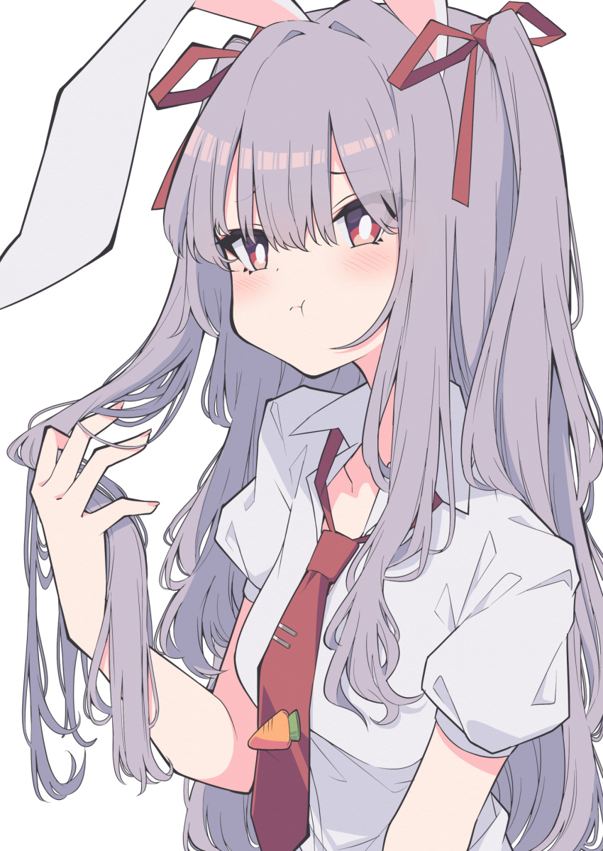 1girl alternate_hairstyle animal_ears bangs bright_pupils carrot_pin closed_mouth collared_shirt eyebrows_visible_through_hair hair_ribbon hand_in_hair highres long_hair looking_at_viewer necktie pout purple_hair rabbit_ears red_eyes red_neckwear red_ribbon reisen_udongein_inaba ribbon shirt short_sleeves simple_background solo touhou tsukimirin two_side_up upper_body white_background white_pupils white_shirt