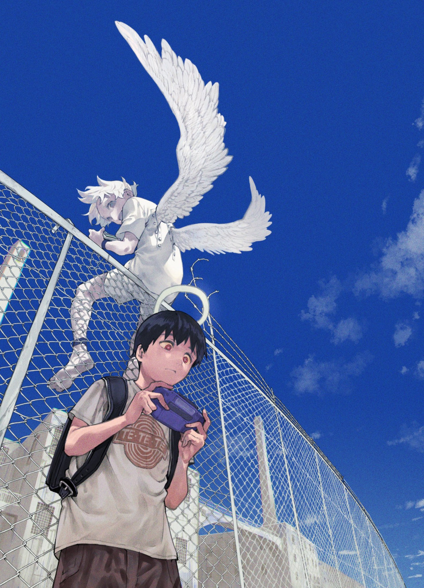 +_+ 2boys angel_wings backpack bag bangs black_bag black_hair blue_sky clouds cloudy_sky copyright_request expressionless feathered_wings fence game_boy_advance halo handheld_game_console highres kento_matsuura multiple_boys outdoors print_shirt red_eyes shirt short_hair short_sleeves sky white_hair white_shirt white_wings wings