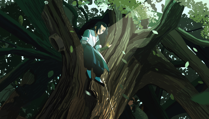 2boys absurdres black_cat black_footwear black_hair cat highres leaf long_hair luoxiaohei multiple_boys plant shoes sitting the_legend_of_luo_xiaohei tree wide_shot wuxian_(the_legend_of_luoxiaohei) yiyuan_z