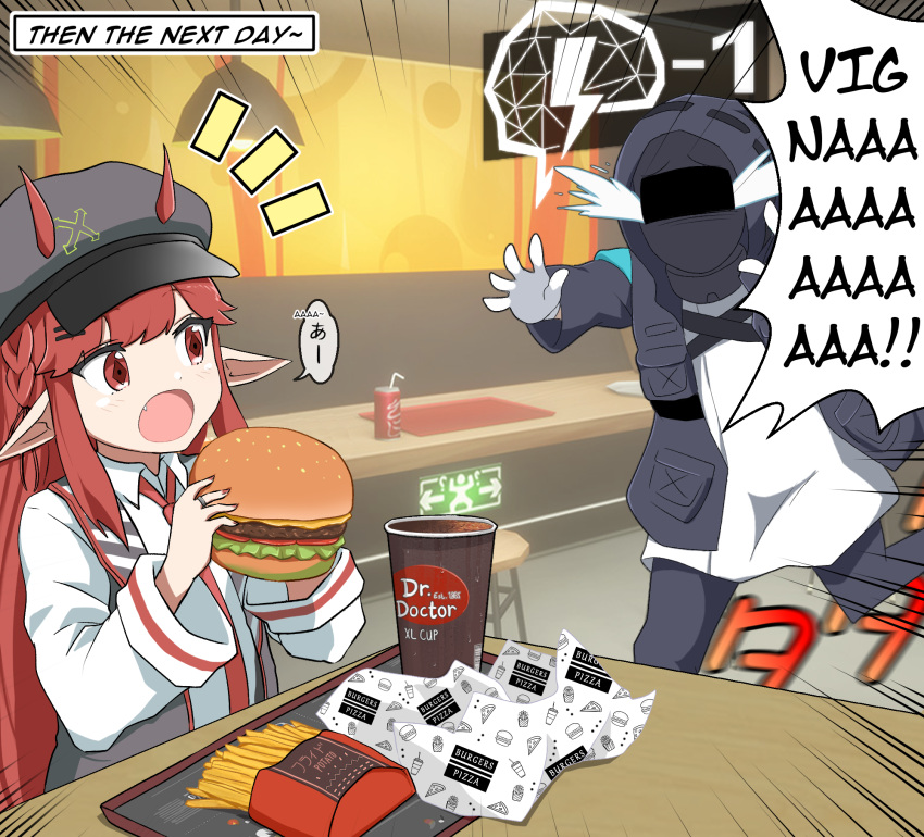 1girl 1other :o alph_(sancheck) arknights black_jacket braid burger cabbie_hat crying cup disposable_cup doctor_(arknights) emphasis_lines fang food french_fries gameplay_mechanics hat helmet highres horns horns_through_headwear jacket notice_lines open_clothes open_jacket open_mouth pointy_ears red_eyes redhead running shirt sidelocks vigna_(arknights) white_shirt
