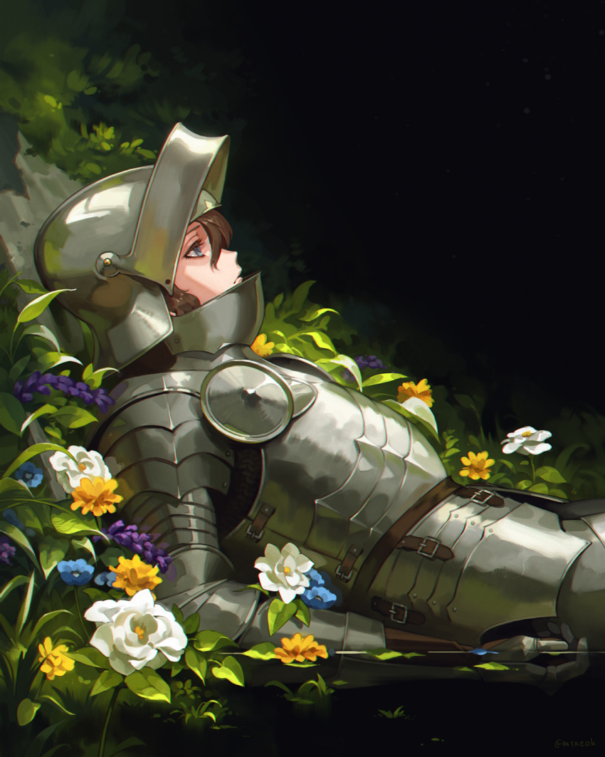 1girl armor bangs black_background blue_flower blurry breastplate brown_hair commentary_request flower from_side full_armor gauntlets gradient gradient_background green_background helm helmet highres jiro_(ninetysix) knight looking_up lying on_back original plate_armor profile shiny solo twitter_username upper_body visor_(armor) water white_flower