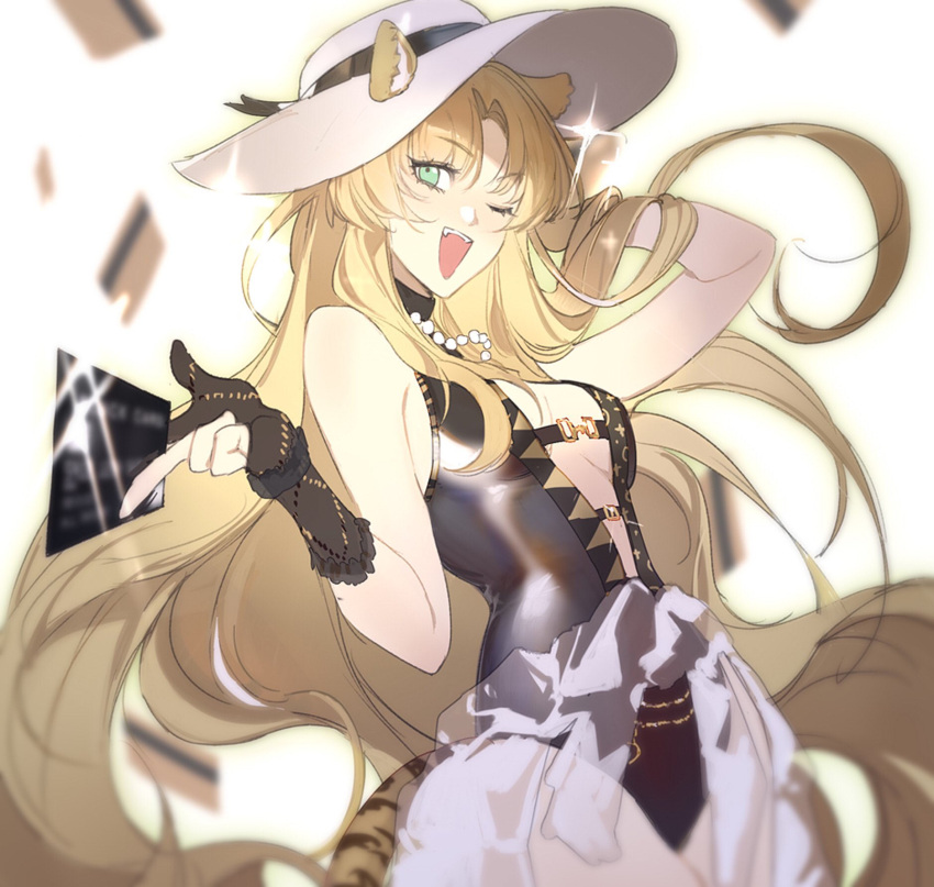 1girl animal_ears arknights bare_shoulders black_gloves black_swimsuit blonde_hair breasts cat_ears commentary cowboy_shot gloves hat highres lingzi long_hair looking_at_viewer one_eye_closed open_mouth partially_fingerless_gloves pose small_breasts smile solo sparkle sun_hat swimsuit swire_(arknights) very_long_hair white_headwear