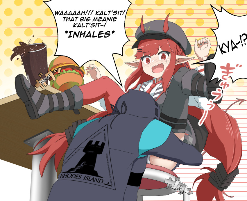 1girl 1other alph_(sancheck) arknights asymmetrical_legwear black_jacket boots burger cabbie_hat cup disposable_cup doctor_(arknights) english_text fang food gameplay_mechanics hat highres horns horns_through_headwear hug jacket legs_up long_hair low_twintails mismatched_legwear open_mouth panties panty_peek pointy_ears red_eyes redhead rhodes_island_logo smelling speech_bubble tail thigh-highs twintails underwear very_long_hair vigna_(arknights) wavy_mouth white_panties