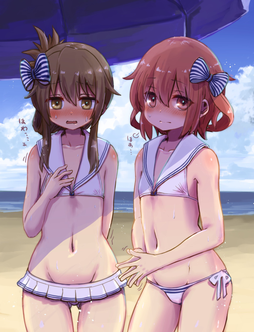 2girls absurdres beach bikini blush brown_eyes brown_hair closed_mouth clouds cloudy_sky collarbone cowboy_shot day eyebrows_visible_through_hair folded_ponytail groin hair_between_eyes highres ikazuchi_(kancolle) inazuma_(kancolle) kantai_collection long_hair motion_lines multiple_girls navel ocean open_mouth parasol sailor_bikini sailor_collar short_hair sky swimsuit umbrella unagiman white_bikini white_sailor_collar